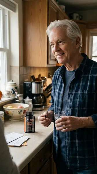 Smiling man in his kitchen holding an AlphaFuel Pro capsule and a glass of water, with the bottle on the counter