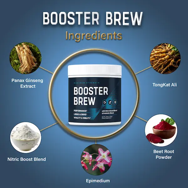 Booster Brew ingredients: Panax ginseng, tongkat ali, Nitric Boost Blend, epimedium and beet root powder