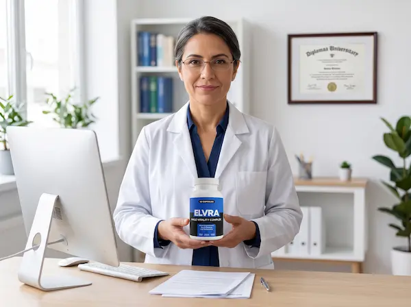 A Dr. holding an Elvra bottle