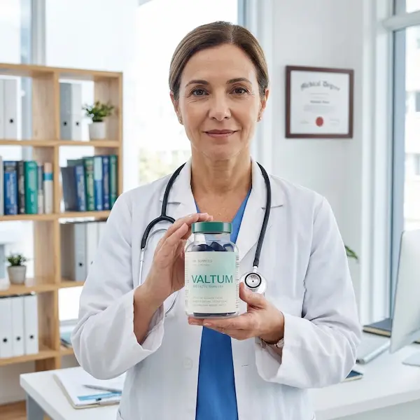 A woman doctor holding a Valtum bottle