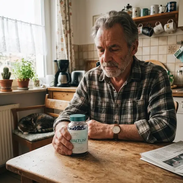 A 65-year-old man sitting in his cozy kitchen holding a bottle of Valtum supplement. He looks thoughtfully at the product while a cat sleeps on a chair in the background and a newspaper lies on the table. Natural light shines through the window.