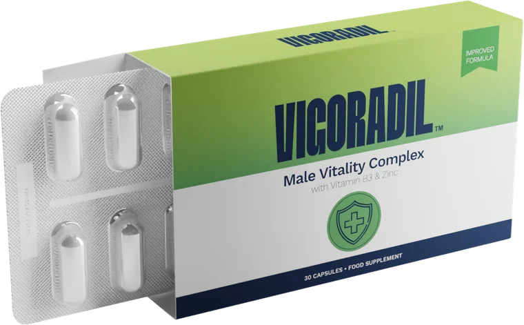 Box of Vigoradil Male Vitality Complex with its blister of capsules